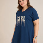 Βαμβακερή τουνίκ με V ντεκολτέ και τύπωμα Μπλε χρώμα σε μεγάλα μεγέθη 