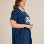 Βαμβακερή τουνίκ με V ντεκολτέ και τύπωμα Μπλε χρώμα σε μεγάλα μεγέθη 