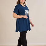 Βαμβακερή τουνίκ με V ντεκολτέ και τύπωμα Μπλε χρώμα σε μεγάλα μεγέθη 