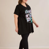 Βαμβακερή τουνίκ με V ντεκολτέ και τύπωμα – Μαύρο