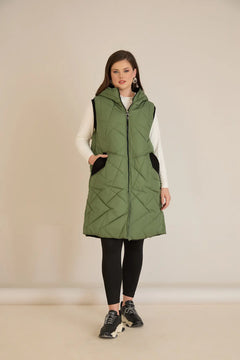 Μακρύ Καπιτονέ Γιλέκο Σε Α γραμμή Λαδί Χρώμα Σε Μεγάλα Μεγέθη 