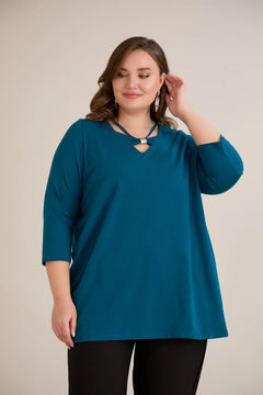 Βαμβακερή τουνίκ με μανίκι 7/8 και διακοσμητική λεπτομέρεια - Μπλε