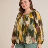 Πολύχρωμη μπλούζα σε άνετη γραμμή από μουσελίνα με χακί απόχρωση σε μεγάλα μεγέθη