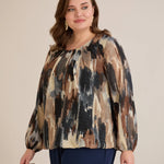 Πολύχρωμη μπλούζα σε άνετη γραμμή από μουσελίνα με Μόκα απόχρωση σε μεγάλα μεγέθη