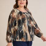 Πολύχρωμη μπλούζα σε άνετη γραμμή από μουσελίνα με Μόκα απόχρωση σε μεγάλα μεγέθη