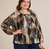 Πολύχρωμη μπλούζα σε άνετη γραμμή από μουσελίνα με Μόκα απόχρωση σε μεγάλα μεγέθη