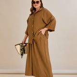 Σετ Premium Tencel παντελόνι και πουκάμισο σε καφέ σε μεγάλα μεγέθη 