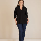 Μπλούζα με V-ντεκολτέ και ασημί τρέσα - Μαύρο