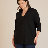 Μπλούζα με V-ντεκολτέ και ασημί τρέσα - Μαύρο