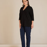 Μπλούζα με V-ντεκολτέ και ασημί τρέσα - Μαύρο