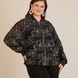 Κομψό μπουφάν με ασημένια φλοράλ μοτίβα- Μαύρο/Ασημί