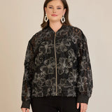 Κομψό μπουφάν με ασημένια φλοράλ μοτίβα- Μαύρο/Ασημί