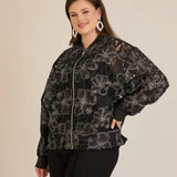 Κομψό μπουφάν με ασημένια φλοράλ μοτίβα- Μαύρο/Ασημί