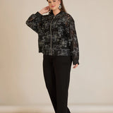 Κομψό μπουφάν με ασημένια φλοράλ μοτίβα- Μαύρο/Ασημί