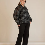 Κομψό μπουφάν με ασημένια φλοράλ μοτίβα- Μαύρο/Ασημί