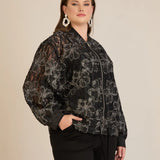 Κομψό μπουφάν με ασημένια φλοράλ μοτίβα- Μαύρο/Ασημί