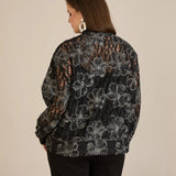 Κομψό μπουφάν με ασημένια φλοράλ μοτίβα- Μαύρο/Ασημί
