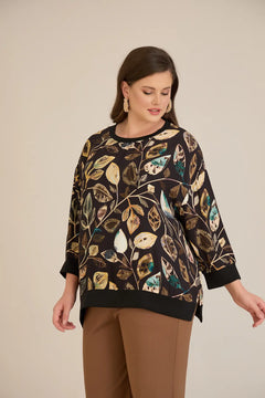 Κομψή μπλούζα μπλούζα με στάμπα φύλλα φθινοπώρου σε μεγάλα μεγέθη 