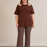 Βαμβακερή μπλούζα με εντυπωσιακό ντεκολτέ με πέρλες - Σοκολατί