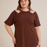 Βαμβακερή μπλούζα με εντυπωσιακό ντεκολτέ με πέρλες - Σοκολατί