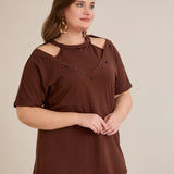 Βαμβακερή μπλούζα με εντυπωσιακό ντεκολτέ με πέρλες - Σοκολατί