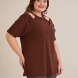 Βαμβακερή μπλούζα με εντυπωσιακό ντεκολτέ με πέρλες - Σοκολατί