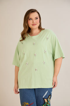Βαμβακερή μπλούζα oversize 10967 με πετρούλες σε χρώμα μέντα σε μεγάλα μεγέθη 