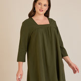 Βαμβακερή τουνίκ με σούρα και τετράγωνο ντεκολτέ σε Χακί χρώμα σε μεγάλα μεγέθη 