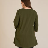Βαμβακερή τουνίκ με σούρα και τετράγωνο ντεκολτέ -Χακί