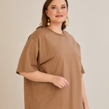 Βαμβακερή μπλούζα oversize 10355 σε χρώμα  Καπουτσίνο σε μεγάλα μεγέθη 