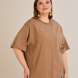 Βαμβακερή μπλούζα oversize 10355 σε χρώμα  Καπουτσίνο σε μεγάλα μεγέθη 