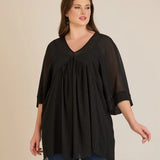 Σετ τουνίκ από μουσελίνα πολυτελείας και ελαστικό Τοπ σε μαύρο χρώμα σε μεγάλα μεγέθη