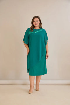 Αμπιγιέ φόρεμα από μουσελίνα και παγιέτες σε τυρκουάζ πράσινο χρώμα σε μεγάλα μεγέθη