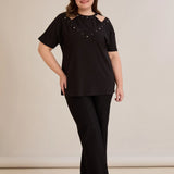 Βαμβακερή μπλούζα με εντυπωσιακό ντεκολτέ με πέρλες