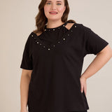 Βαμβακερή μπλούζα με εντυπωσιακό ντεκολτέ με πέρλες