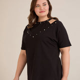 Βαμβακερή μπλούζα με εντυπωσιακό ντεκολτέ με πέρλες