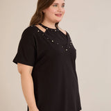 Βαμβακερή μπλούζα με εντυπωσιακό ντεκολτέ με πέρλες