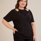 Βαμβακερή μπλούζα με εντυπωσιακό ντεκολτέ με πέρλες