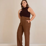 Κομψό παντελόνι με μπροστινή ραφή και ψηλή μέση σε καφέ χρώμα σε μεγάλα μεγέθη