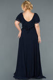 Επίσημο μακρύ φόρεμα από μουσελίνα  σε μεγάλα μεγέθη- Σκούρο μπλε N032