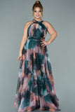 Μακρύ Επίσημο Φόρεμα με στάμπα από μουσελίνα σε μεγάλα μεγέθη- Παστέλ N1147
