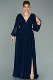 Επίσημο μακρύ φόρεμα από μουσελίνα  σε μεγάλα μεγέθη- Σκούρο μπλε N1988