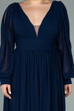 Επίσημο μακρύ φόρεμα από μουσελίνα  σε μεγάλα μεγέθη- Σκούρο μπλε N1988