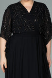 Επίσημο μακρύ φόρεμα σε μουσελίνα με πέτρες σε μεγάλα μεγέθη - Μαύρο N2071