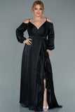 Μακρύ επίσημο σατέν φόρεμα με σκίσιμο και βολάν σε μεγάλα μεγέθη - Μαύρο N2358