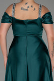 Επίσημο μακρύ φόρεμα από σατέν με τιραντάκια με στρας σε μεγάλα μεγέθη  -Πράσινο σμαράγδι N3277