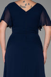 Επίσημο μακρύ φόρεμα από μουσελίνα με κέντημα σε μεγάλα μεγέθη - Σκούρο μπλε N2308