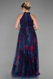 Μακρύ Επίσημο Φόρεμα με στάμπα από μουσελίνα σε μεγάλα μεγέθη - Σκούρο μπλε N1147