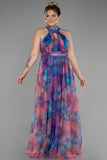 Μακρύ Επίσημο Φόρεμα με στάμπα από μουσελίνα σε μεγάλα μεγέθη - Μπλε/Ροδάκινο N1147