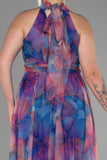 Μακρύ Επίσημο Φόρεμα με στάμπα από μουσελίνα σε μεγάλα μεγέθη - Μπλε/Ροδάκινο N1147